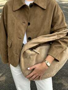 Women's Vintage Brown Knit Collar Jacket With Pockets, Long Sleeve Regular Length, Suitable For Autumn/Winter - Brown - View 2