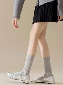 1/3 Pairs Anti-Slip Boneless Socks For Girls, Ankle-Length Red Rolled-Edge Slouch Socks, Cotton Solid Color Long Tube Socks, Korean Style - Multicolor - View 5