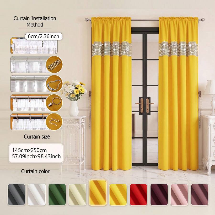 FLYINGCURTAINS Modern Plaid Patchwork Thermal Sunscreen Curtain With Window Rod Bag Style Light Translucent Privacy Window Screen, Farmhouse Style Home Decor Curtain - Mustard Yellow - View 1