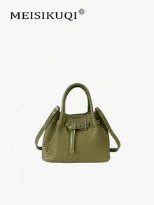 Retro Woven Handbag, Women's Quality Leather Buckle Design, Large Capacity Commuting Cross-Body Bag, Simple And Versatile Shoulder Bag - Green - View 1