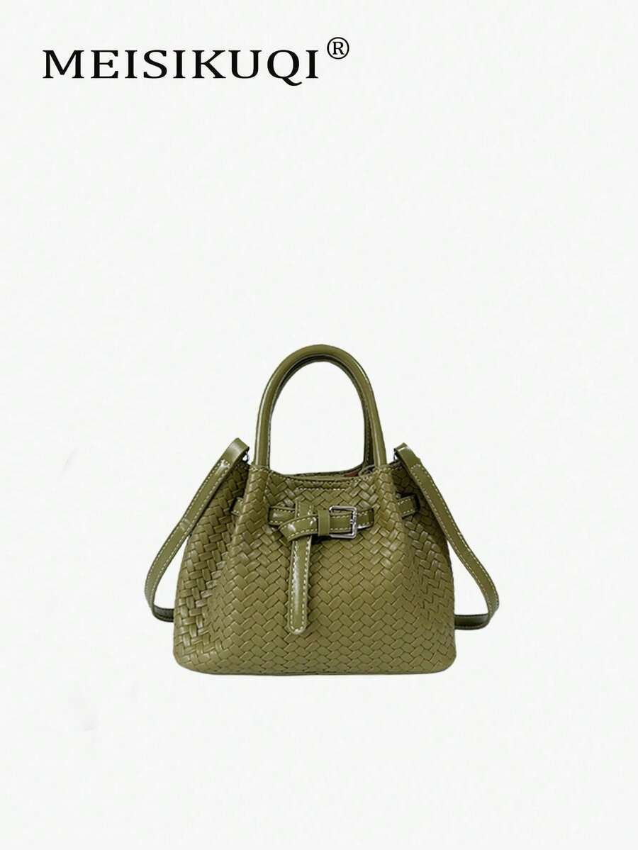 Retro Woven Handbag, Women's Quality Leather Buckle Design, Large Capacity Commuting Cross-Body Bag, Simple And Versatile Shoulder Bag - Green - View 1