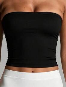 Women's Sports Casual Bandeau Crop Top, Removable Padding, Solid Color Basic Bandeau Top, Suitable For Training, Running, Yoga, Gym And Daily Wear - Black - View 9