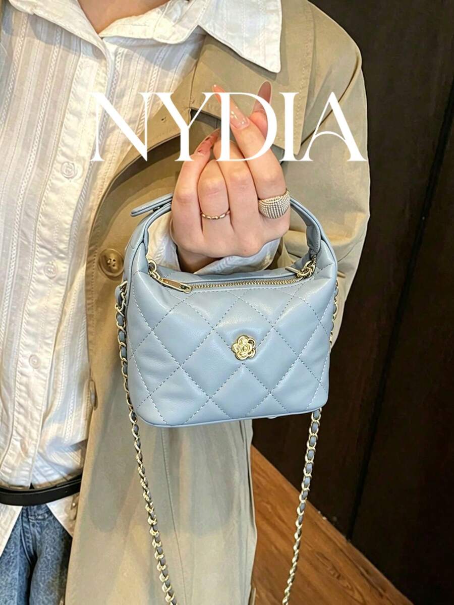 極簡時尚高品質手提午餐盒包，絎縫刺繡，金屬五金裝飾，可調節肩帶女款斜背包