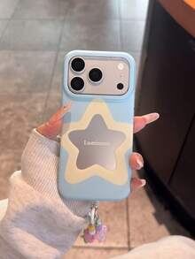 Korean Style INS Fresh Colorblock Pentagram Phone Case Compatible With Apple 17 Pro Max, 16 Pro New Model, 13, 14 Pro, 15 Pro, Full Coverage Double Layer Anti-Drop Phone Cover With Pendant - Blue - View 2