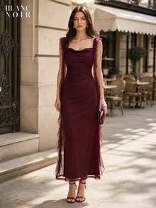 Burgundy| Women's Elegant Burgundy Sequin Mesh Ruffle Trim Bodycon Maxi Dress - 酒紅色 - 查看 1