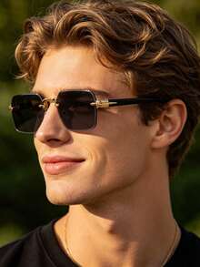 1 Pair Men's Fashion Decorative Glasses, Gold Plastic Material, Solid Color Pattern, Vintage Style, Square Rimless Glasses, Suitable For Daily Wear, Driving, Hiking, Summer Beach, Outfit Matching, Street Photography, Various Festivals, Parties And Other Occasions, Can Be Used As A Gift, Suitable For All Face Shapes, High Quality Glasses, Fashion Accessory - Multicolor - View 10
