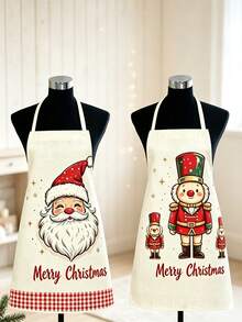 1pc Christmas Print Kitchen Apron, Santa Claus & Nutcracker Pattern Sleeveless Cooking Apron, Red Plaid Hem Waterproof Oil-Proof, Christmas Home Kitchen Decor Gift - Multicolor - View 2