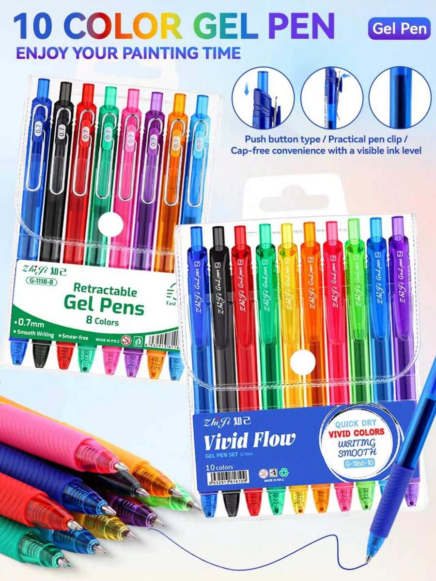 Clickable Colorful Gel Pen Set, 8 Colors/10 Colors Optional, 0.7mm Bold Tip, Transparent Barrel With Visible Ink Level, Smooth Quick-Dry, Multi-Color Clickable Gel Pens For Journaling, Marking, Doodling, Drawing, Student Office Writing, Marker Pen Set - Press the Gel Pen - View 1