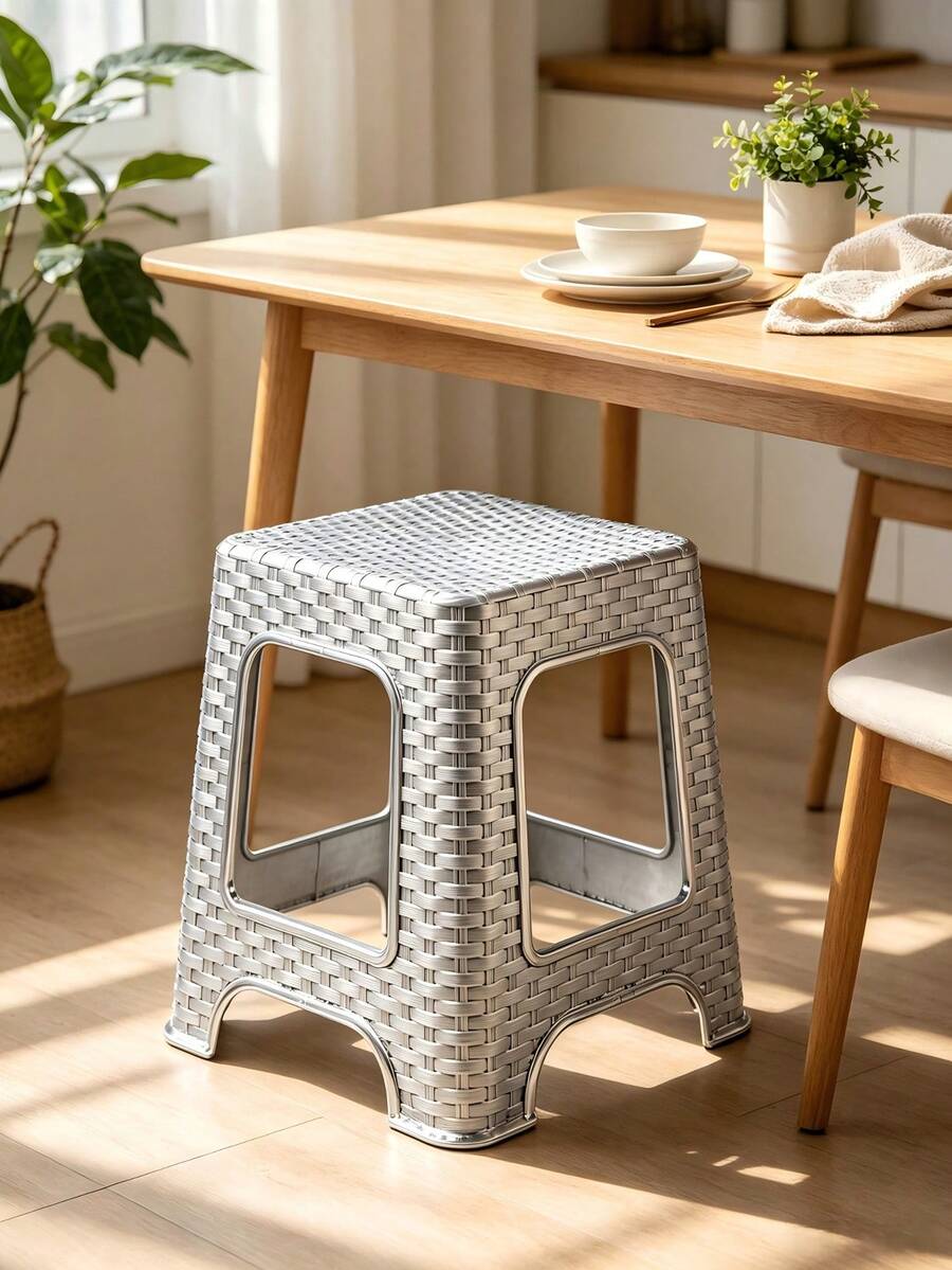 Imitation Rattan Plastic Step Stool, Anti-Slip Hollow Square Seat Stool, Sturdy Stackable Small Bench For Bathroom, Bedroom, Entrance Shoe Changing, Kitchen Storage, Kids Adults Household Daily Use Stool - Multicolor - View 1