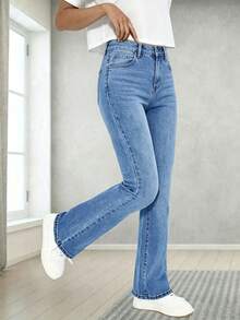 Teen Girl Classic Versatile Elastic Comfortable Flare Leg Jeans - Medium Wash - View 1