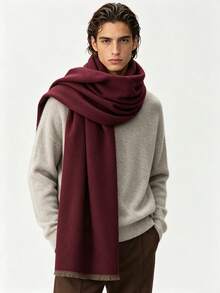 Low-Key Premium Solid Color Men's Long Fur Scarf, Thick Soft Fabric, Intellectual Style Daily Wear Warm Neck Warmer, Oversized Wide Shawl - Burgundy - View 7