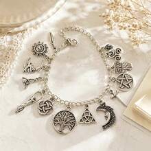 1pc Vintage Gothic Distressed Antique Silver Bracelet With Tree Of Life, Star, Moon, Sun, Feather Symbol Pendant, Adjustable Extension Chain For Various Wrist Sizes, Suitable For Women's Daily Wear - Silver - View 1