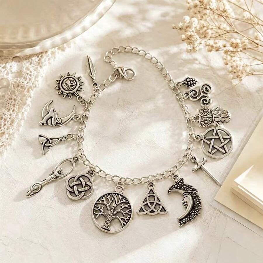 1pc Vintage Gothic Distressed Antique Silver Bracelet With Tree Of Life, Star, Moon, Sun, Feather Symbol Pendant, Adjustable Extension Chain For Various Wrist Sizes, Suitable For Women's Daily Wear - Silver - View 1