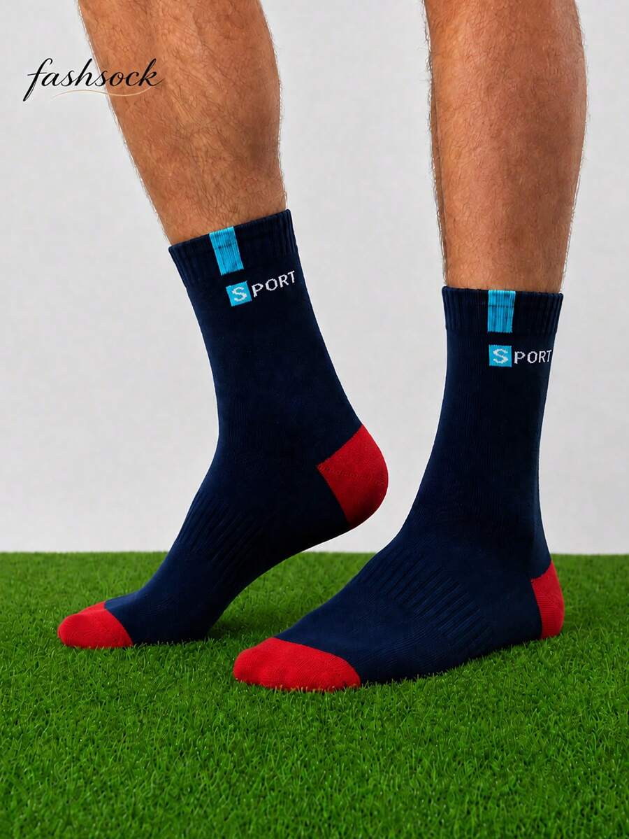 5 Pairs Men Color Block SPORT Logo Mid Calf Athletic Socks, Ribbed Non Slip Cuff, Soft Breathable Sweat Wicking Sports Socks For Running, Fitness - Multicolor - View 1