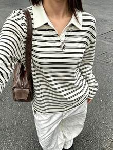 Y2K 時尚條紋滿版印花領口上衣，夏季度假女裝，夏季穿搭上衣 - 杏色 - 查看 2