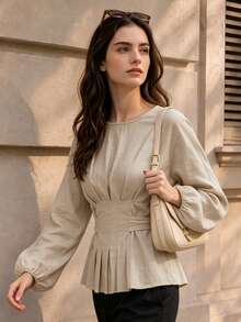 Women's Autumn Puff Long Sleeve Ruffle Blouse, Round Neck Pleated Back Tie Cinched Waist Cinched Shirt Top - Khaki - View 9