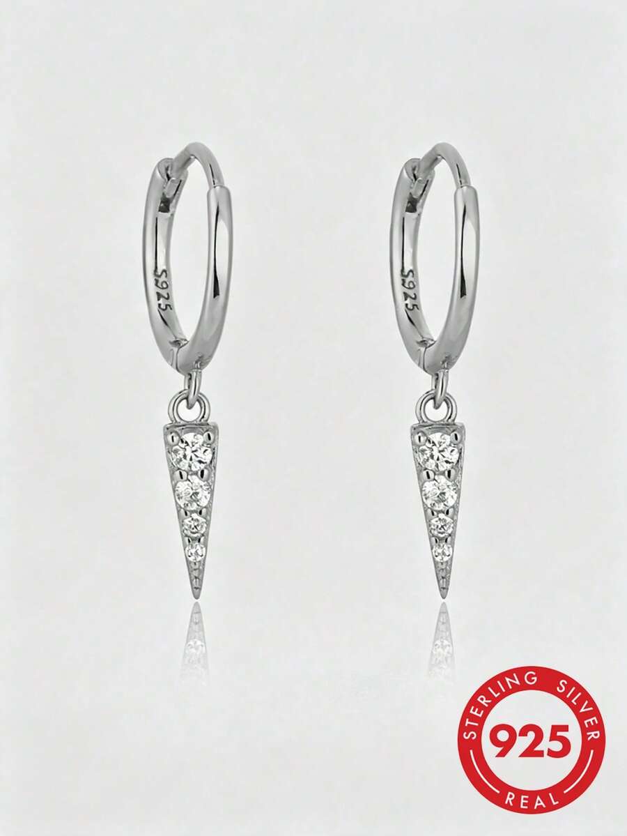 HuooNew 1 Pair S925 Sterling Silver Pointed Cone Full Cubic Zirconia Pendant Earrings, Unique Triangular Cone Shape Minimalist Women's Silver Hoop Earrings - Silver - View 1