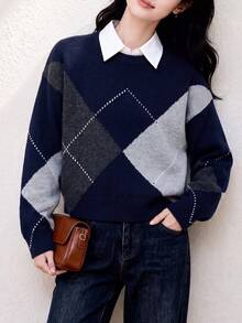 Women's New Autumn/Winter Minimalist Style Large Rhombus Pattern Crew Neck Pullover Sweater - Navy Blue - View 3