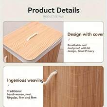 Bamboo Laundry Basket, Large Capacity, Foldable, Movable, With Handle, With Lid, Universal Wheels, Rectangular/Round, Space-Saving Storage For Bedroom, Bathroom, Laundry Room, Home Use - Bamboo Original Color - View 9