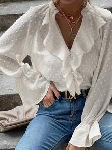 Women's White Bell Sleeve Blouse, Semi-Sheer Regular Fit Top, Suitable For Spring And Autumn - Off White - View 2