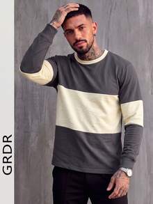 GRDR Men's Spring/Autumn Patchwork Loose Drop Shoulder Crew Neck Long Sleeve T-Shirt - Dark Grey - View 6