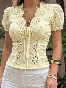 LUNNELUX Women's Yellow Lace V-Neck Puff Sleeve Top, Ruched Waist, Lightweight Elegant Casual Style Summer - Yellow - View 4
