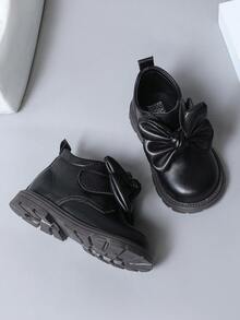Cute Baby Girl Boots With Bow, Fashion Thick Sole Anti-Slip Princess Shoes - Black - View 3