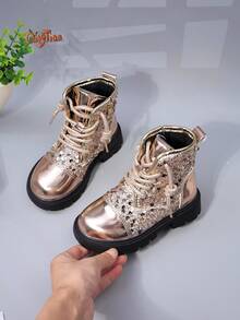 1 Pair Girls' Sequin Glitter Metallic Mirror PU Round Toe Mid-Calf Lace-Up Thick Sole Chunky Heel Shiny Boots, Side Zipper For Easy On/Off, Suitable For Autumn/Winter Party, Performance, Holiday Outfits - Gold - View 6