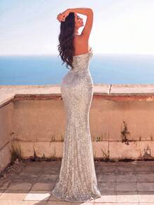 Women's Sleeveless Sequin Mermaid Evening Gown, Long Strapless Dress, Exquisite Beaded Design, Suitable For Formal Occasions And Parties - Apricot - View 3
