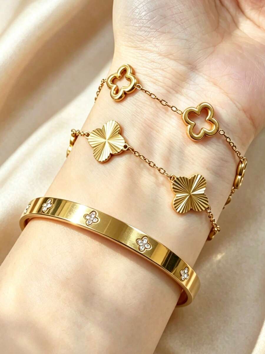 3pcs/1pc Luxury Versatile Hollow Clover Rhinestone Bracelet Set, Women's Jewelry Set, Suitable For Daily, Party, Vacation Wear, Gift For Girlfriend, Best Friend - Gold - View 1