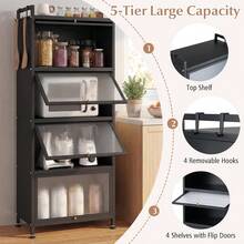 Five Tier Kitchen Storage Cabinet Unit Four Flip Doors Rolling Wheels Mobile Metal Pantry Cabinet Four Hooks Adjustable Feet Microwave Stand Bakers Rack Dining Living Room Black - Black - View 6