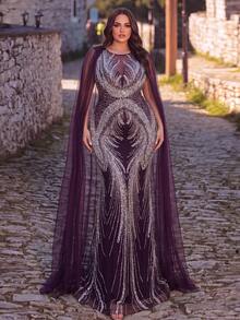 Plus Size Luxury Sheer Sleeve Fishtail Hem Beaded Sequin Formal Evening Gown - Purple - View 4