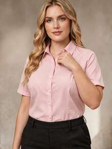 Plus Size Women Business Shirts Professional Daily Short Sleeve Blouse - Pink - View 2