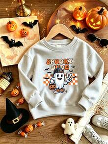 Boys Halloween Sweatshirt, Monster Ghost Pumpkin Bat Graphic Crewneck Long Sleeve Pullover, Casual Fall Top For School, Outdoor & Daily Wear - Light Grey - View 1