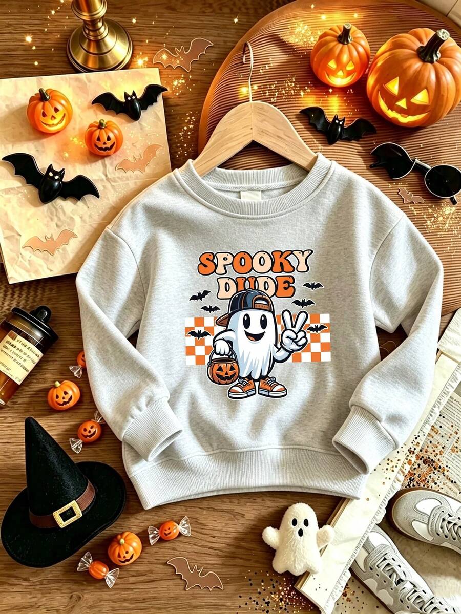 Boys Halloween Sweatshirt, Monster Ghost Pumpkin Bat Graphic Crewneck Long Sleeve Pullover, Casual Fall Top For School, Outdoor & Daily Wear - Light Grey - View 1