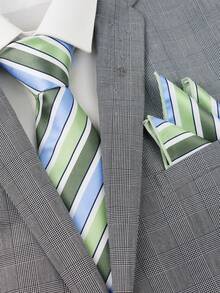 ZLQ&GOU 2 PCS Fresh Green Striped Men's Tie, Polyester Jacquard Tie & Pocket Square Set, Suitable For Gentleman College Gathering Party Neck Accessory - Mint Green - View 6