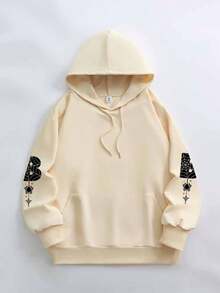 Halloween Print Lightweight Pocket Sweatshirt, Casual Long Sleeve Sweatshirt For Winter And Autumn, Plus Size Women's Clothing, Suitable For Beach, Vacation, Daily Wear, Party, School Events And Music Festivals - Apricot - View 2
