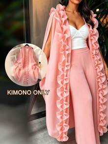 AOMEI Elegant Women's Soft Pink Loose Tulle Sheer Kimono Dress With Ruffle Front Opening And Drawstring Design, Wedding Guest Party Dress - Baby Pink - View 2
