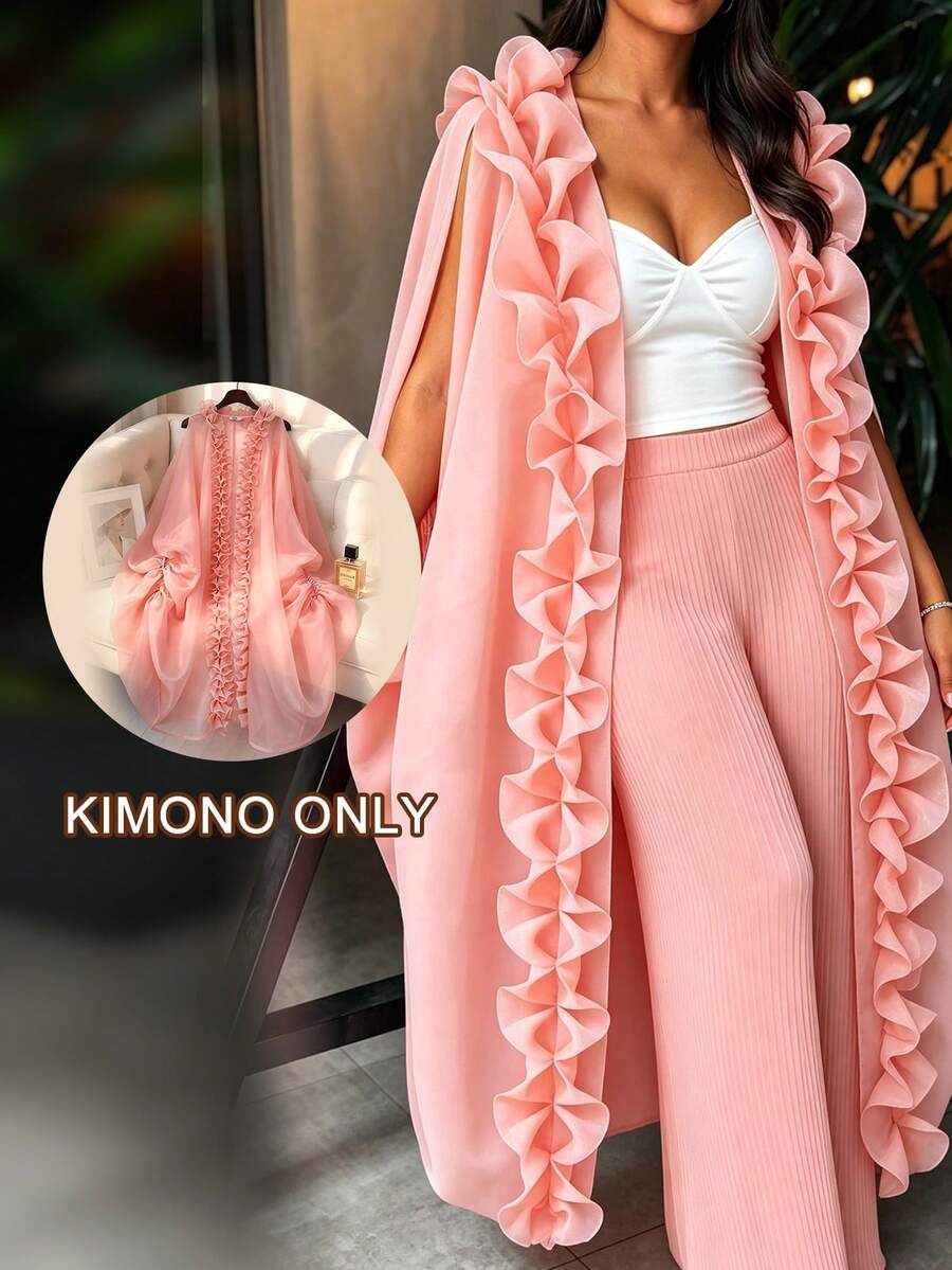 AOMEI Elegant Women's Soft Pink Loose Tulle Sheer Kimono Dress With Ruffle Front Opening And Drawstring Design, Wedding Guest Party Dress