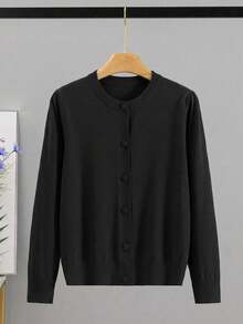 GIGOGOU 大尺碼 1XL-4XL 秋冬基礎款女式針織開襟衫，柔軟舒適休閒長袖毛衣上衣，秋季外套 - 黑色 - 查看 4