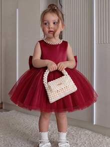 Baby Girls Mesh Party Dress Flower Girl Princess Gown Elegant Dress Suitable For Girls Baby 1st Birthday Gift Banquet Evening Party Dress Important Occasions Holiday Celebration Outfit - Burgundy - View 2