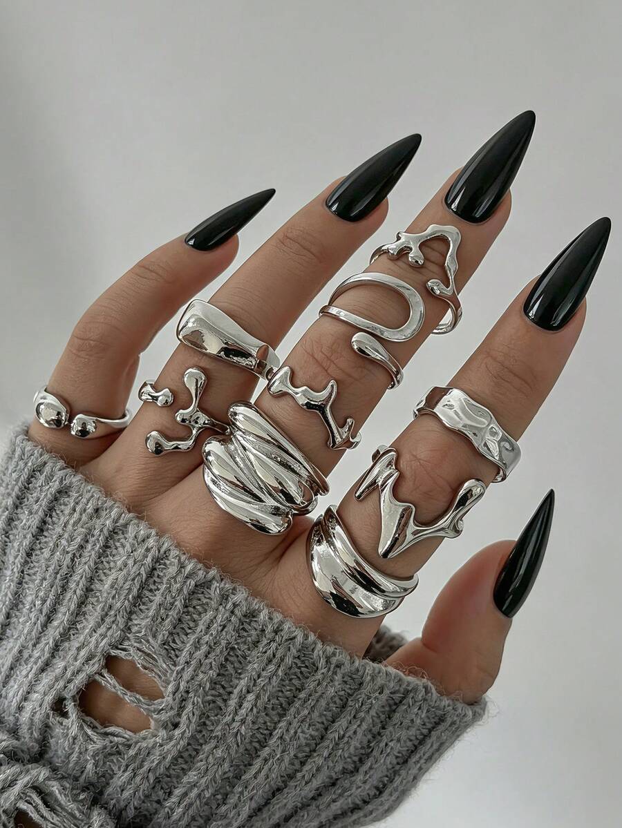 Set de 10 anillos plateados estilo punk con textura asimétrica, banda ancha brillante y arrugada, anillos apilables geométricos asimétricos tipo roca para mujer - Plateado - Ver 1