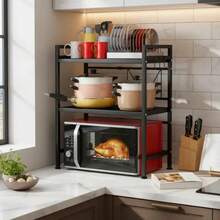 Rejilla extensible de 3 niveles para horno microondas de cocina color negro, organizador multifuncional para electrodomésticos, platos, especias y utensilios, diseño ajustable que aprovecha el espacio vertical de la encimera, estructura resistente y estable, ideal para cocinas pequeñas, fácil de montar y limpiar, - Negro - Ver 3