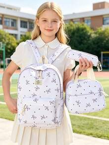 3-Piece Back To School Backpack Set - Heart & Bow Pattern Large Capacity Backpack + Lunch Bag + Pencil Case Multi-Pack, With Laptop Compartment, Adjustable Shoulder Straps And Spacious Multi-Pockets - Lightweight Portable Zipper Bag, Suitable For Students/Teenagers/Graduates, Perfect For Outdoor/Travel/Middle School/High School/College, Essential College Backpack - 2327 - View 8