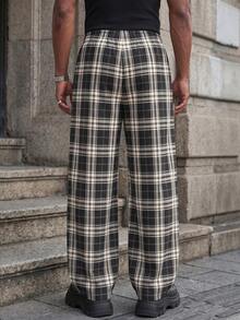 Couples Unisex Casual Home Lounge Pants, Plaid Pattern Wide Leg Pants, Casual Style Pants, 100% Polyester Material, Fashionable And Stylish, Draping Pants, With Drawstring Waistband For Easy Adjustment, Available In Multiple Colors - Black and White - View 8