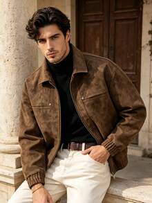 Men's Winter Long Sleeve Turn Collar Jacket, Suitable For Daily Commute, Vacation, Gift Giving - Coffee Brown - View 1