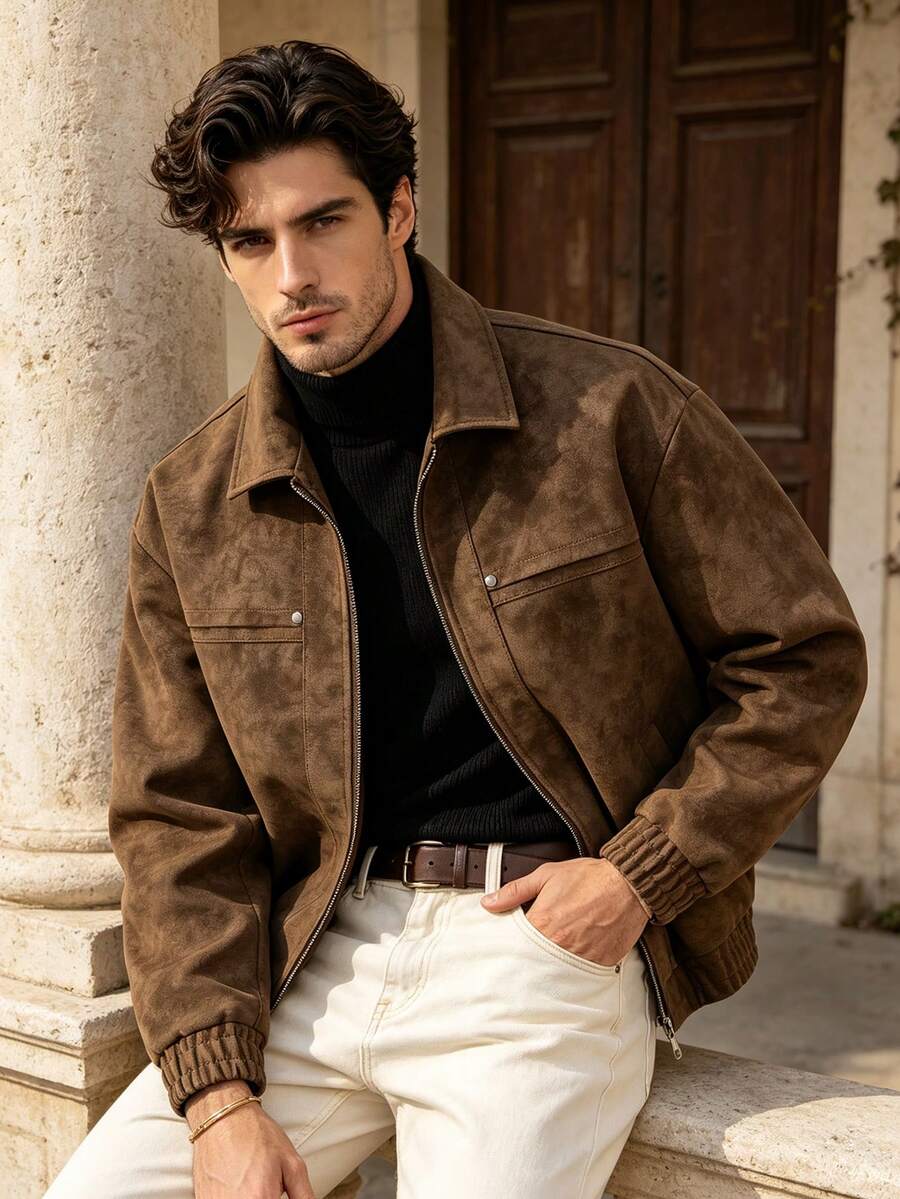 Men's Winter Long Sleeve Turn Collar Jacket, Suitable For Daily Commute, Vacation, Gift Giving - Coffee Brown - View 1