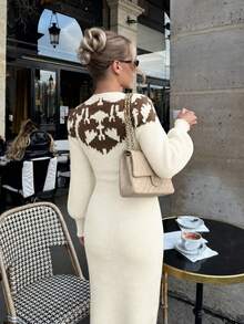 New Autumn/Winter Vintage Geometric Jacquard Knit Midi Dress, Unique Retro Pattern Design, Elegant Autumn/Winter Fashion, Suitable For Daily Outings, Cafe Visits, Weekend Gatherings, Holiday Trips, Shopping, Office Commute, Date Dinner, Small Party - Multicolor - View 6