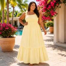 Vestido Longo Feminino TODOS OS TAMANHOScom Alças De Babado, Saia Ampla E Caimento Soltinh  Casual  Elegante    Tecido    Franzido    TODAS  Noite  Feriado  Festa De Aniversário  Viagem - Amarelo Mantega - Visão 1