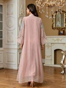 Sequin Embroidered Abaya Robe, Stand Collar Long Sleeve Modest Kaftan, Dubai Luxury Ramadan Evening Gown, Suitable For Eid, Ramadan, Wedding Party - Pink - View 4